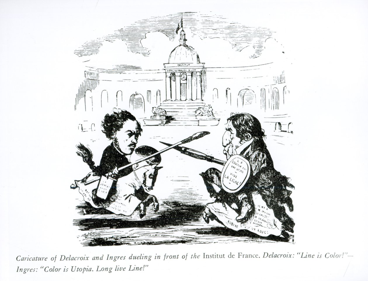 Karykatura Delacroix i Ingresa pojedynkujących się przed Institut de France, ok. 1828 r. autorstwa French School