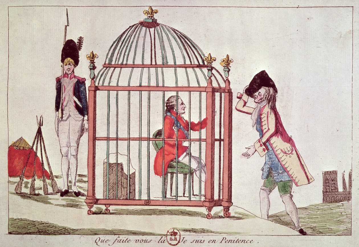 Karykatura Ludwika XVI (1754-93) w klatce po jego aresztowaniu w Varennes, 1791 autorstwa French School