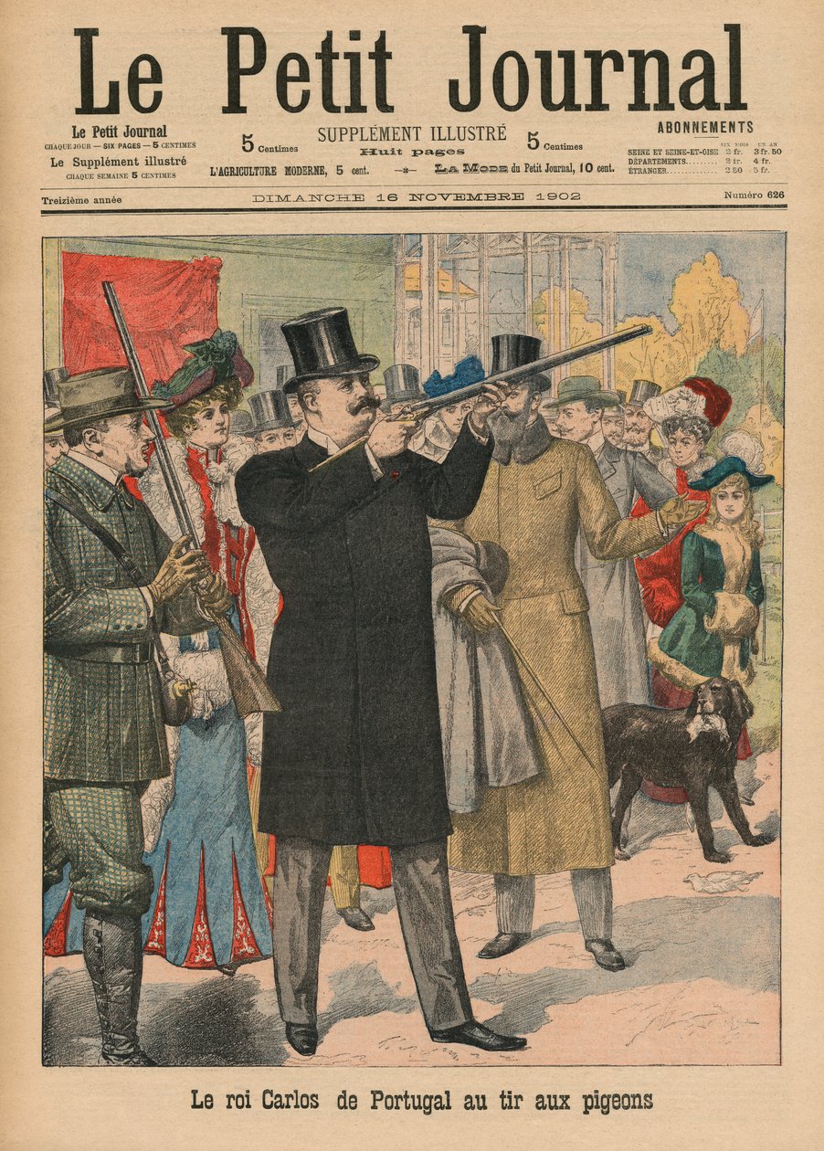 Carlos I, król Portugalii i Algarves, celujący z karabinu w gołębie, ilustracja na okładce z „Le Petit Journal”, dodatek ilustr., 16 listopada 1902 autorstwa French School