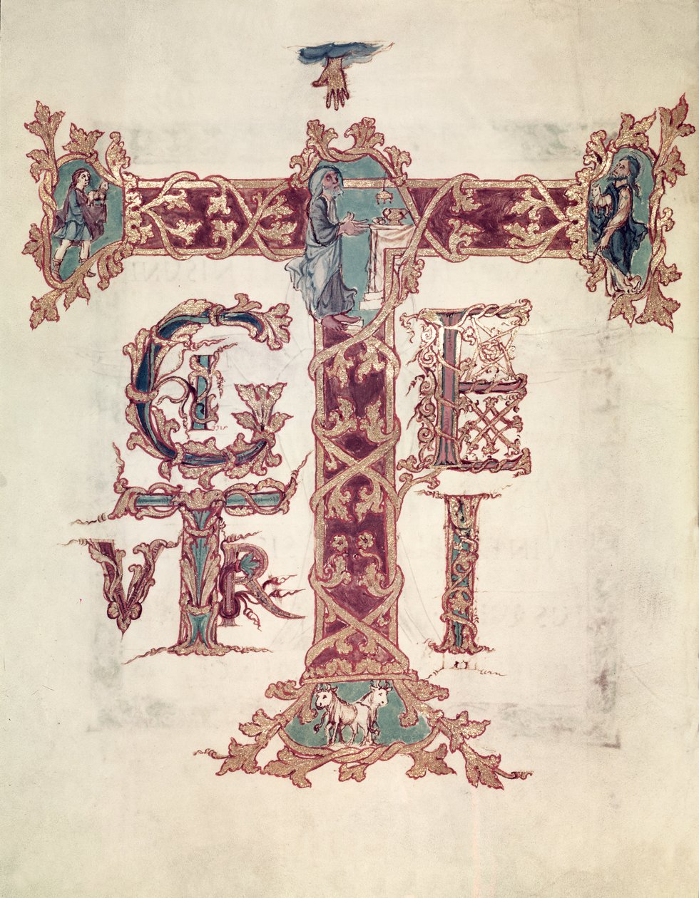 płk Lat 9428 f.15v inicjał „T”; Wniebowstąpienie Chrystusa, z „Sakramentarza Drogo”, Karolingian autorstwa French School