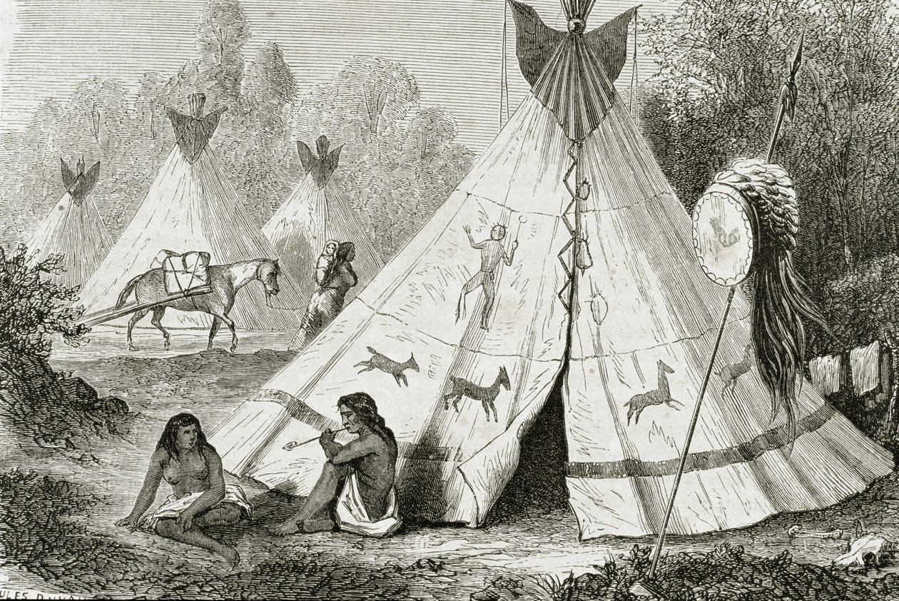 Obóz Indian Comanche w latach pięćdziesiątych XIX wieku, z „Le Tour du Monde”, opublikowany w Paryżu, lata sześćdziesiąte XIX wieku autorstwa French School