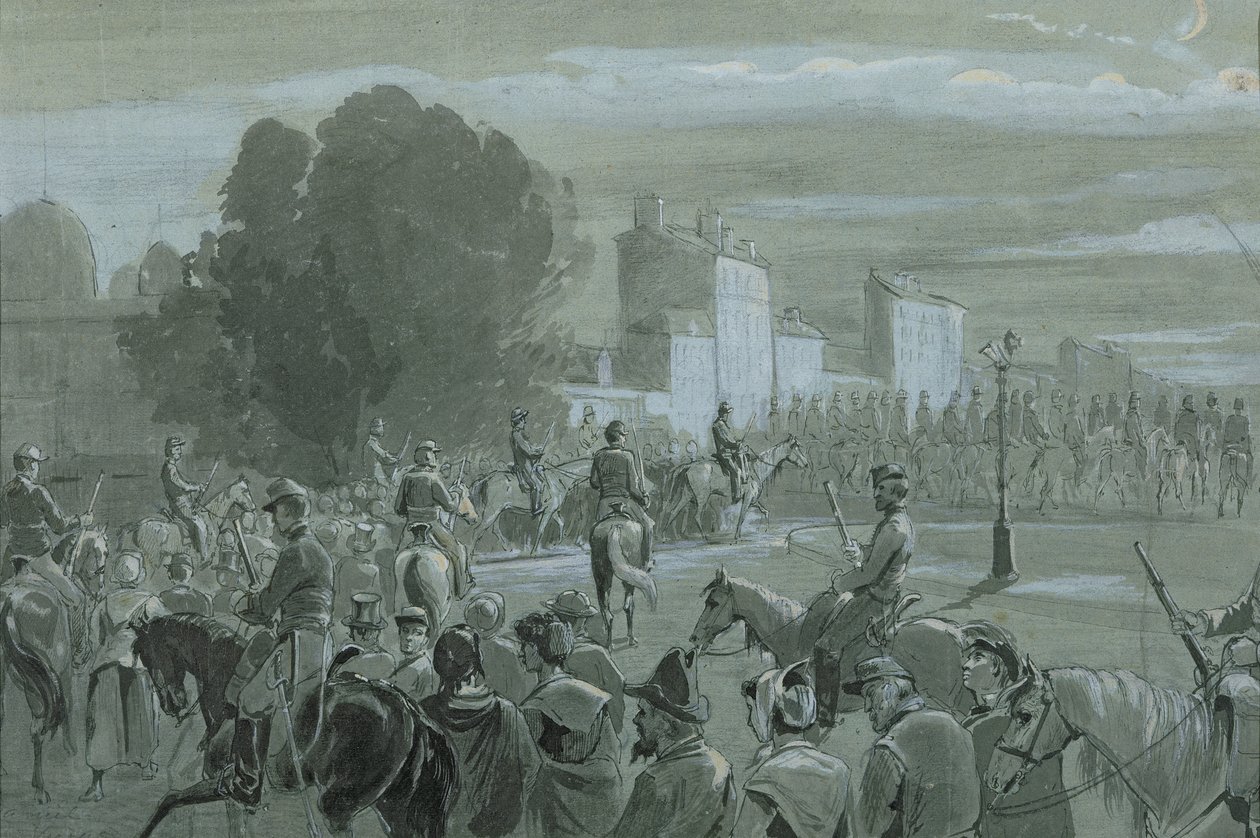 Więźniowie komunardów eskortowani do Wersalu, 1871 (pióro i atrament i toaleta na papierze) autorstwa French School