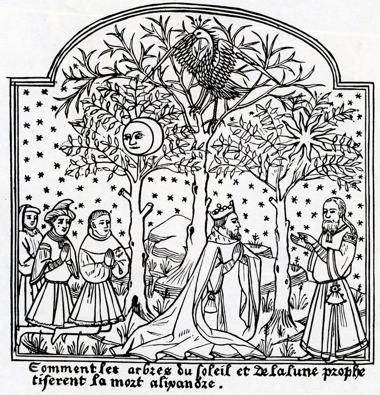 Kopia ilustracji wyroczni drzew Słońca i Księżyca z „Livre de Merveilles du Monde” autorstwa Rustichello da Pisa i Marco Polo autorstwa French School