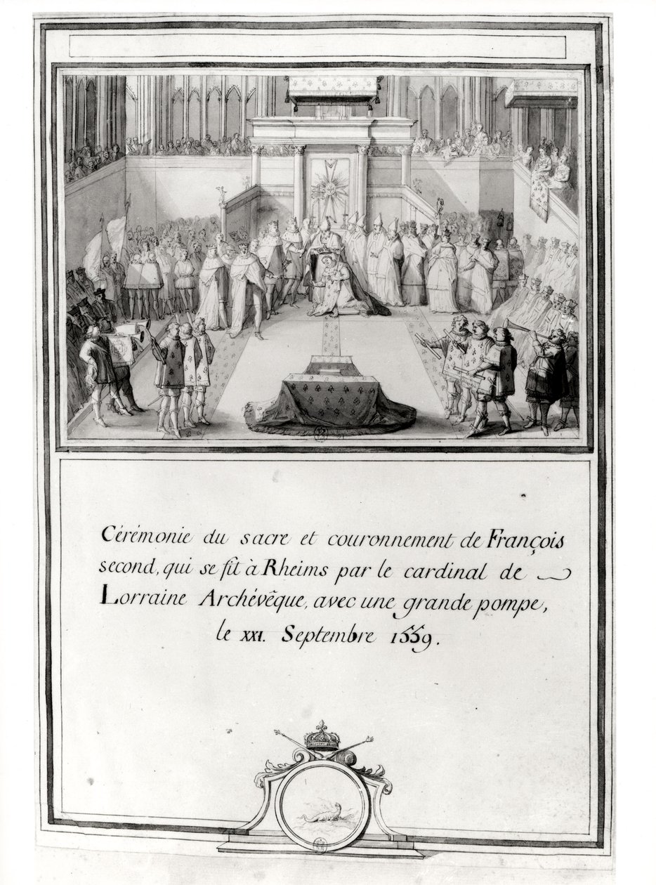 Koronacja Franciszka II (1544-60), 21 września 1559 w Reims przez arcybiskupa kardynała de Lorraine autorstwa French School