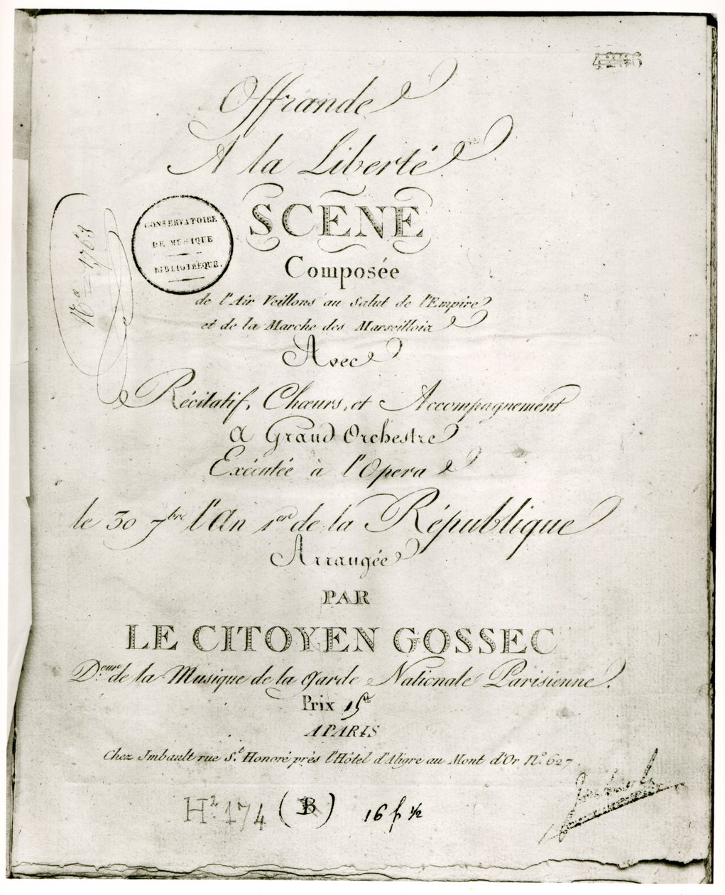 Okładka do partytury „Offrande a la Liberte” w aranżacji Francois Josepha Gosseca (1734-1829) i wykonanej w Operze 30 września I 1792 autorstwa French School