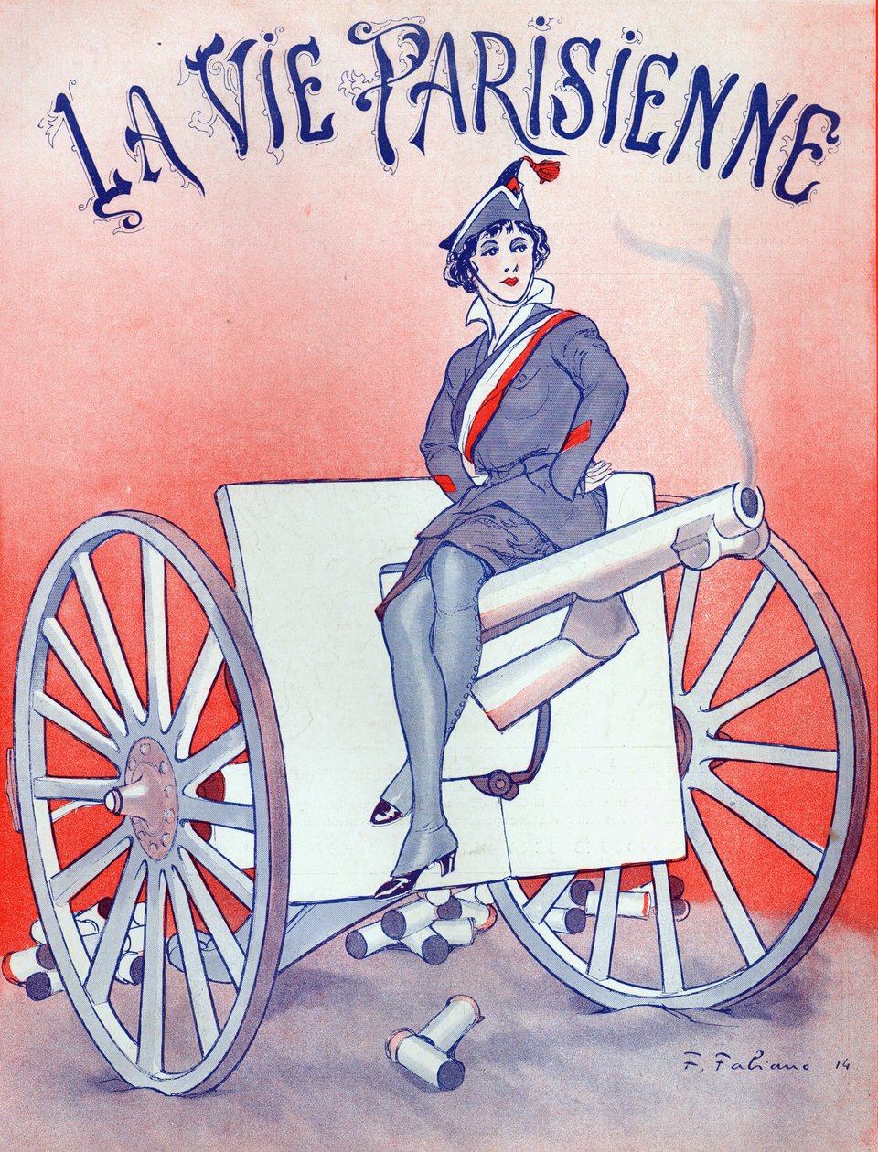 Okładka „La Vie Parisienne”, kobieta siedząca na lufie pistoletu, 16 stycznia 1915 r. autorstwa French School