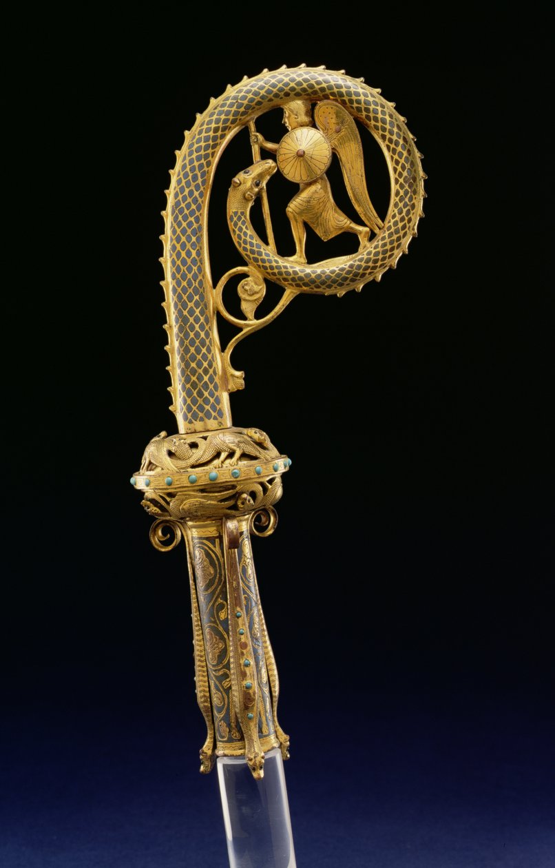 Crozier Head: Święty Michał i Smok, 1210-25 (pozłacana miedź z emalią champleve) autorstwa French School