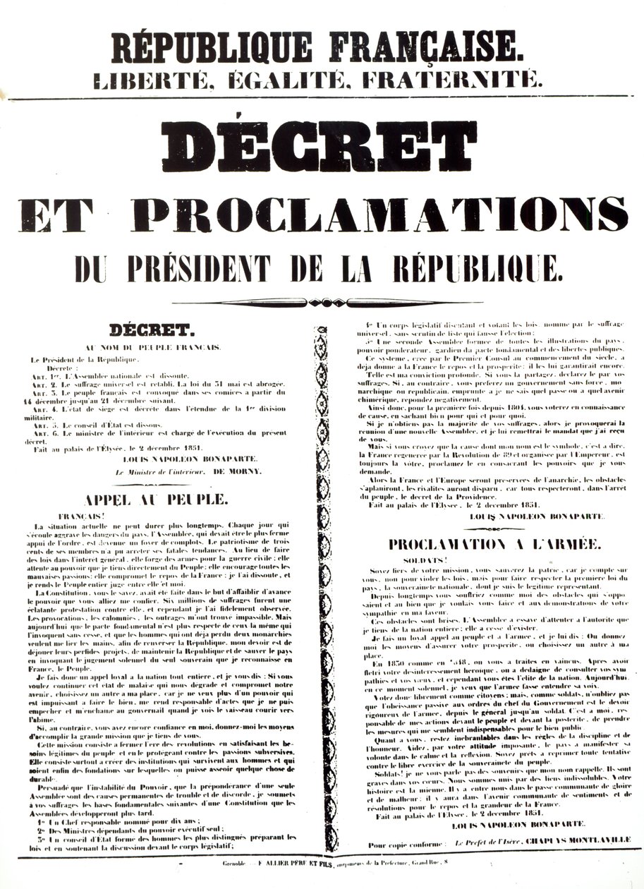 Dekret i Proklamacja Ludwika Napoleona Bonaparte III (1808-73), Prezydenta Republiki, 2 grudnia 1851 autorstwa French School