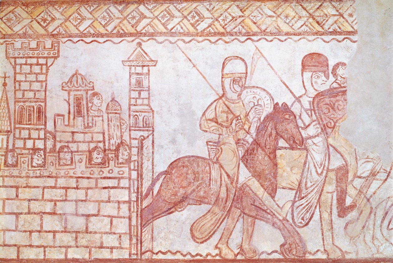 Wyjazd krzyżowców w 1163 z syryjskiego zamku Krak des Chevaliers na bitwę pod Bocquee autorstwa French School