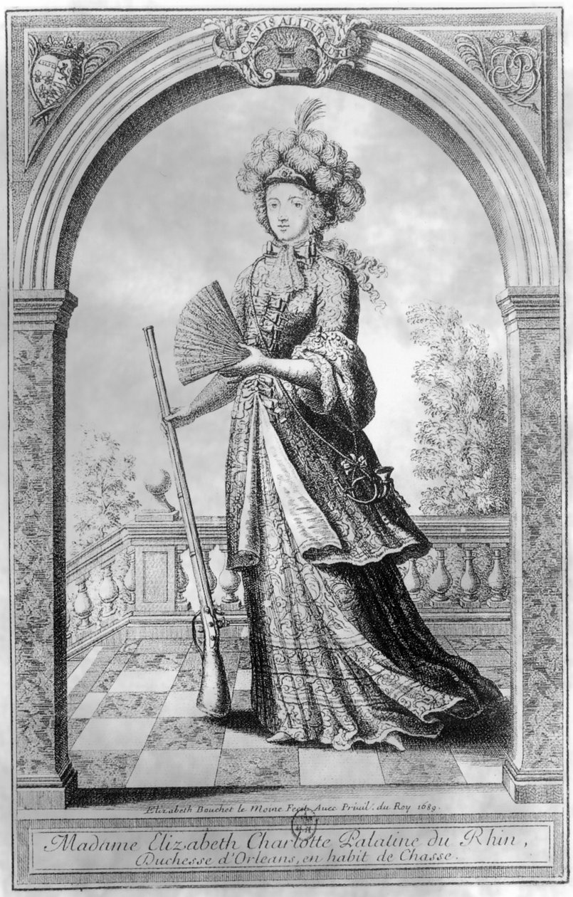 Elżbieta Charlotte z Palatynatu, księżna Orleanu, w stroju myśliwskim, 1689 autorstwa French School