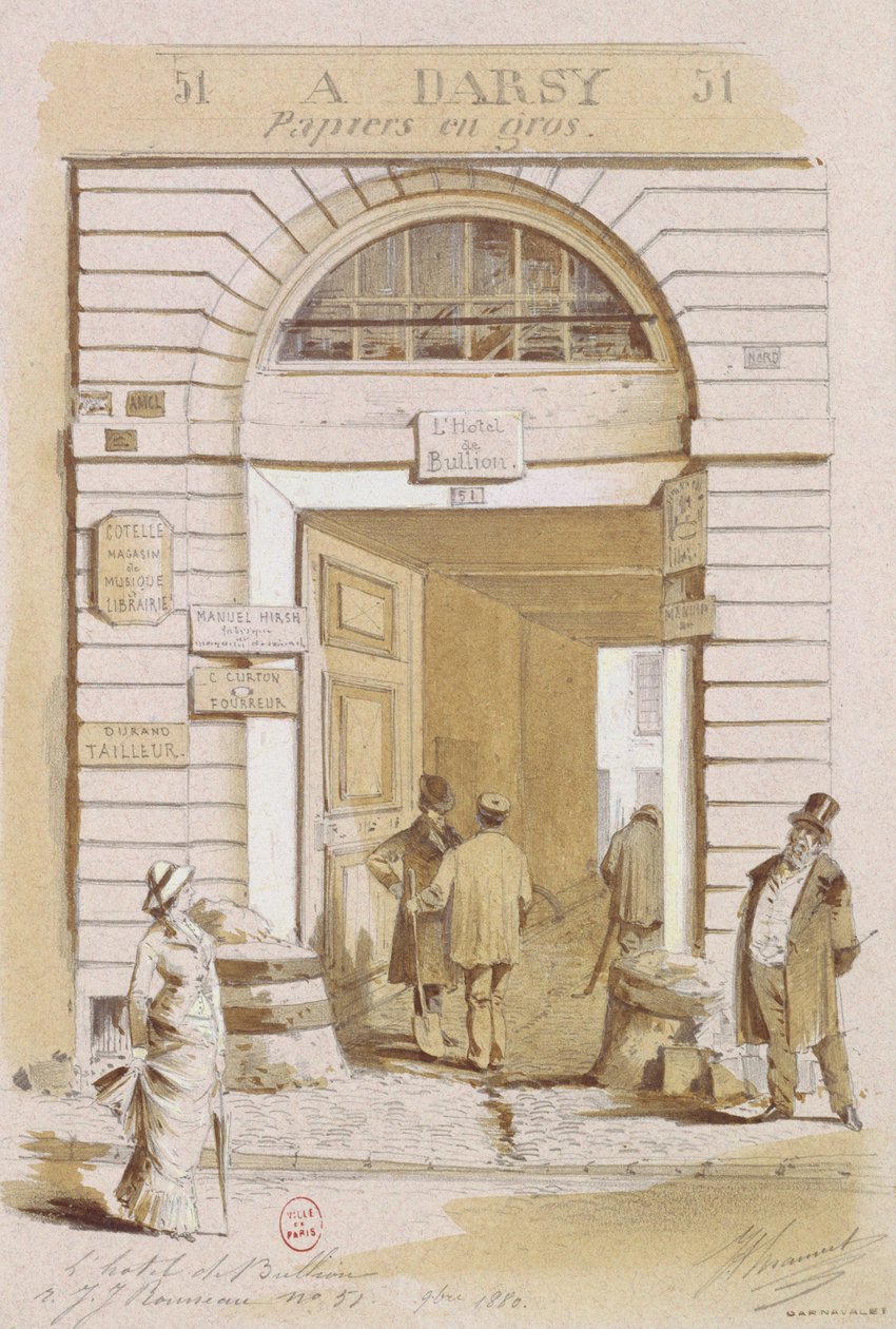 Wejście do Hotelu Bullion, 57 rue Jean-Jacques Rousseau, Paryż, 1880 (wc na papierze) autorstwa French School