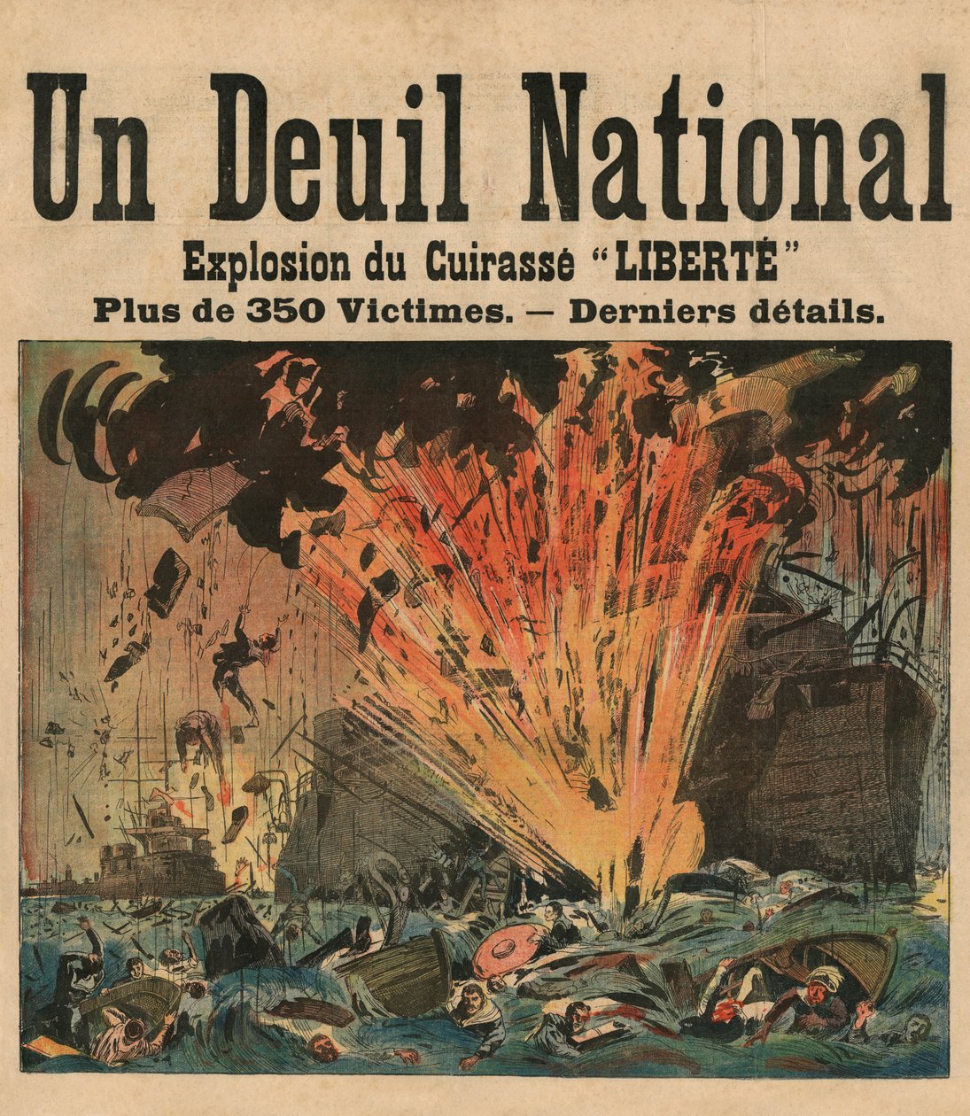 Eksplozja pancernika przeddrednota „Liberte” w porcie w Tulonie 25 września 1911 r., ilustracja z „Le Petit Journal”, 1911 autorstwa French School