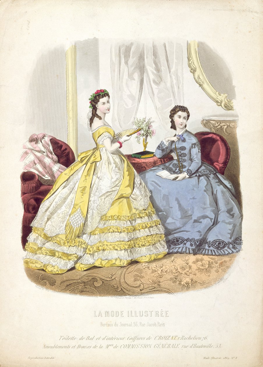 Tabliczka modowa przedstawiająca suknie balowe, ilustracja z „La Mode Illustree”, 1864 autorstwa French School