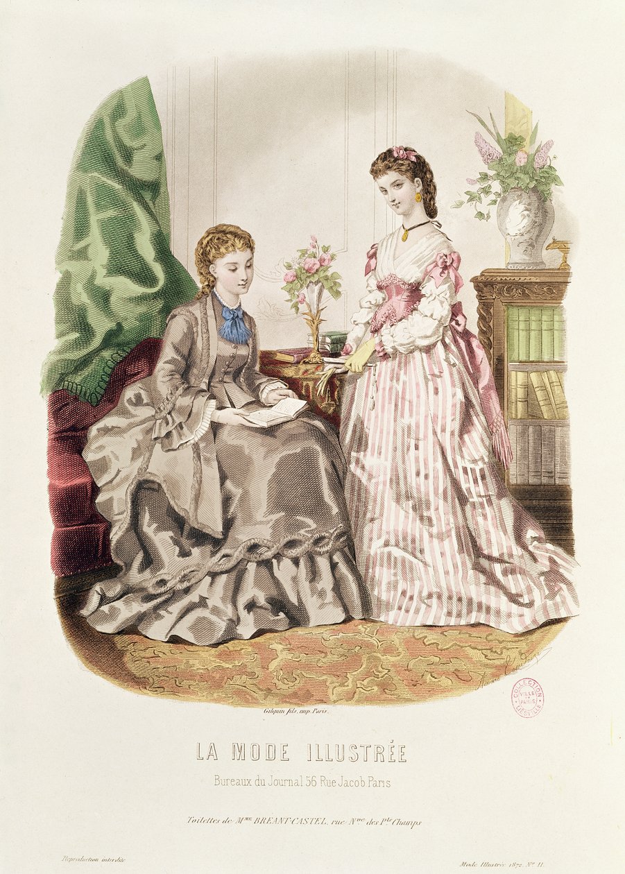 Talerz modowy przedstawiający suknie balowe, ilustracja z „La Mode Illustree”, 1872 autorstwa French School