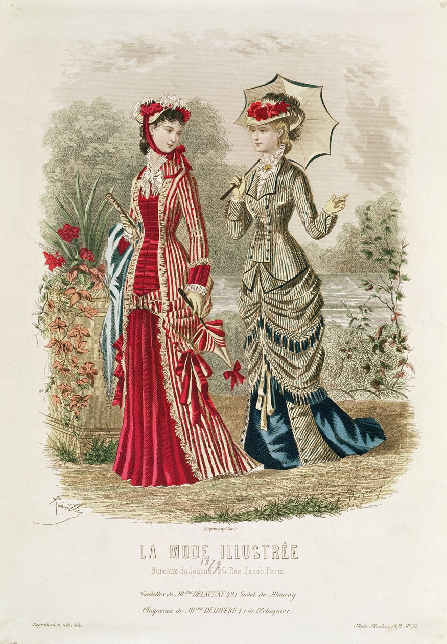 Tablica mody przedstawiająca kapelusze i suknie, ilustracja z "La Mode Ilustree", 1879 r. autorstwa French School
