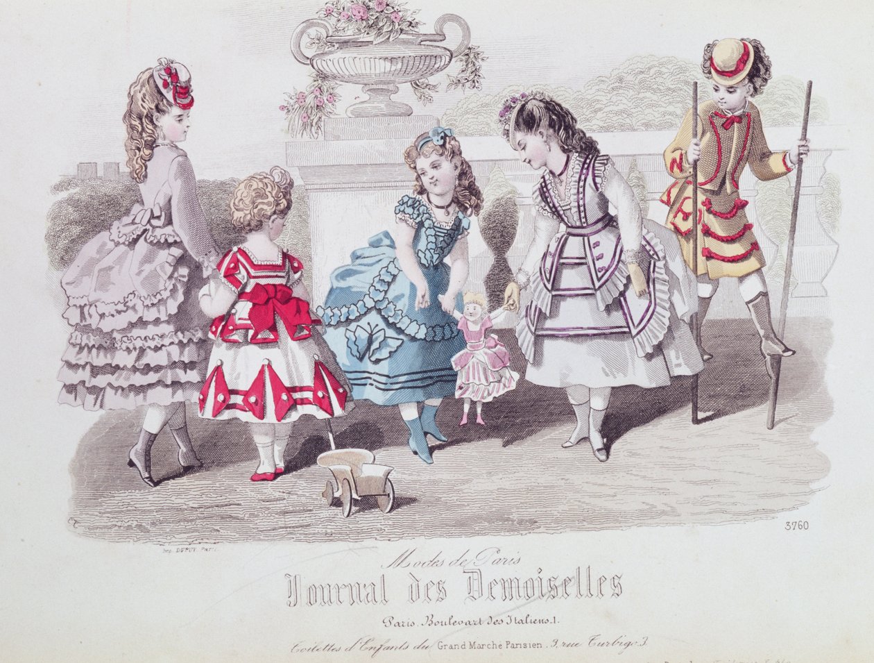 Mody dla dziewcząt, z "Journal des Demoiselles", opublikowane Dupuy, Paryż, 1871 (rycina kolorowa) autorstwa French School