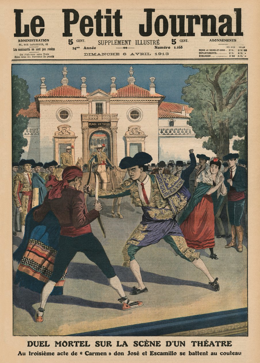 Śmiertelny pojedynek na scenie hiszpańskiego teatru w trzecim akcie opery „Carmen”, ilustracja z okładki „Le Petit Journal”, 6 kwietnia 1913 autorstwa French School