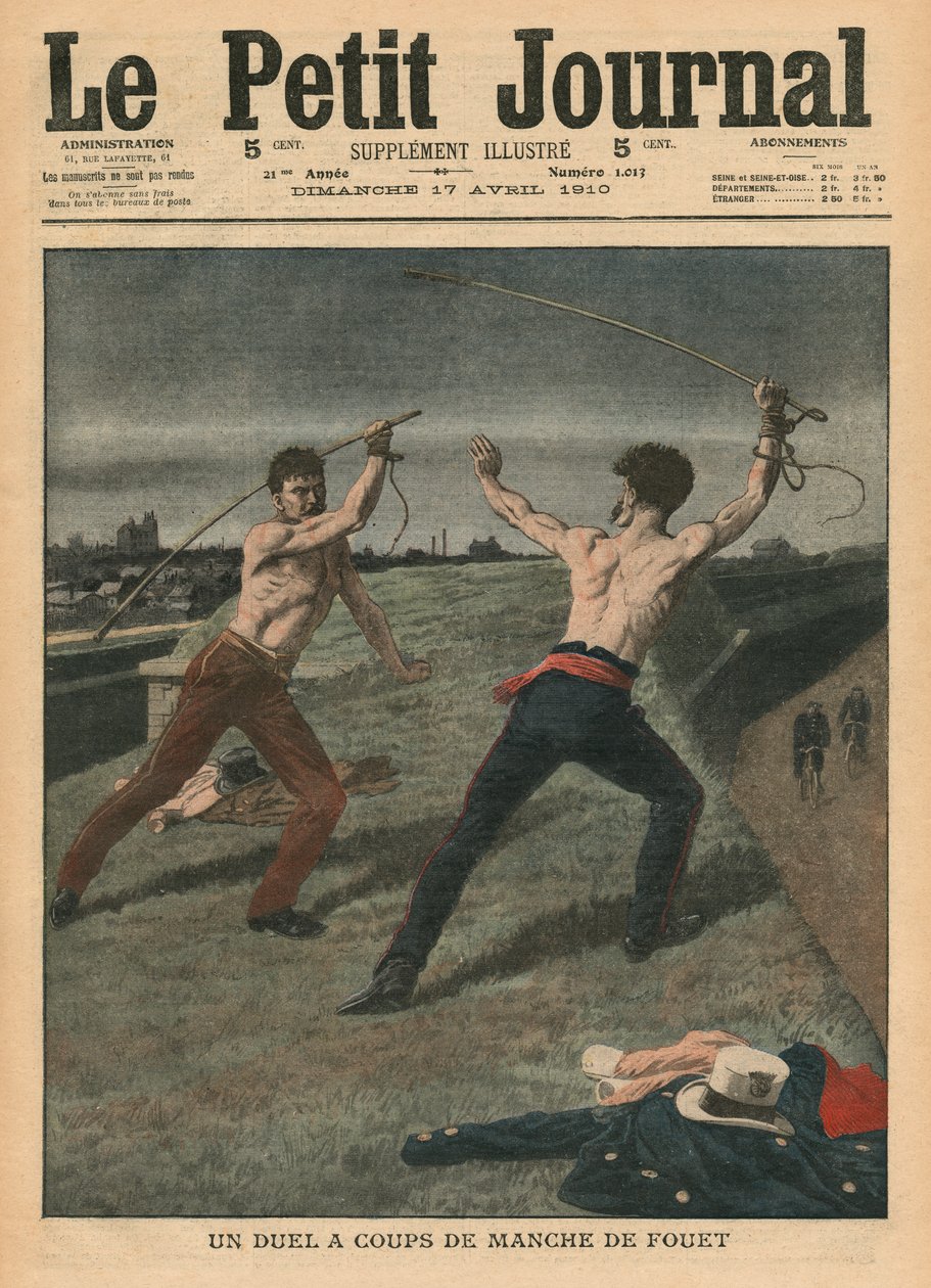 Pojedynek na bicze, ilustracja z "Le Petit Journal", supplement illustre, 17 kwietnia 1910 r. autorstwa French School