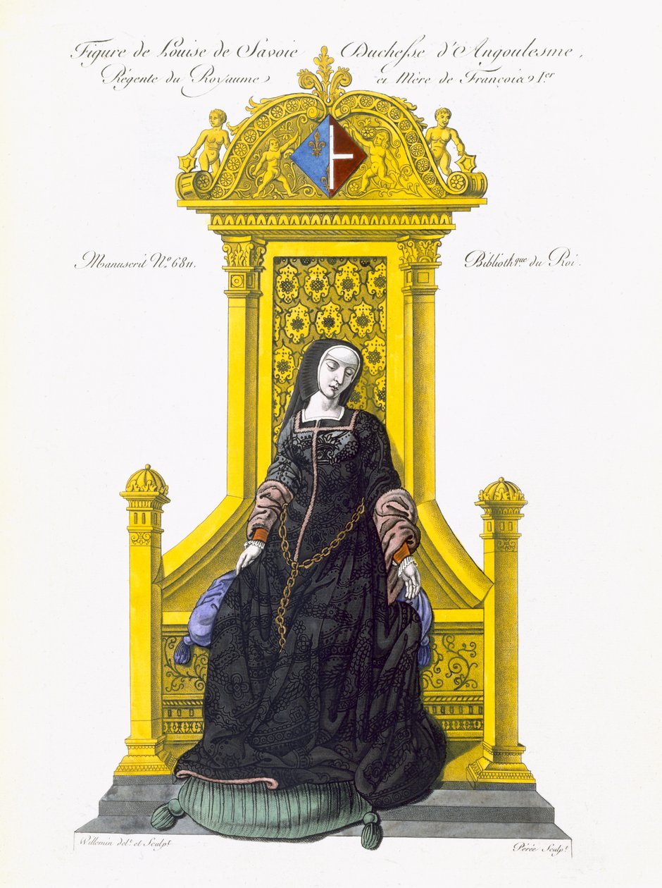 Figura Louise de Savoie (akwatinta kolorowa) autorstwa French School