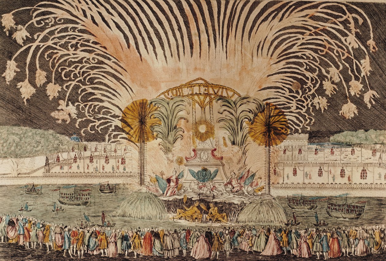 Pokaz sztucznych ogni na Placu Ludwika XV z okazji poświęcenia posągu króla na koniu, 20 czerwca 1763 (patrz także 265480) autorstwa French School