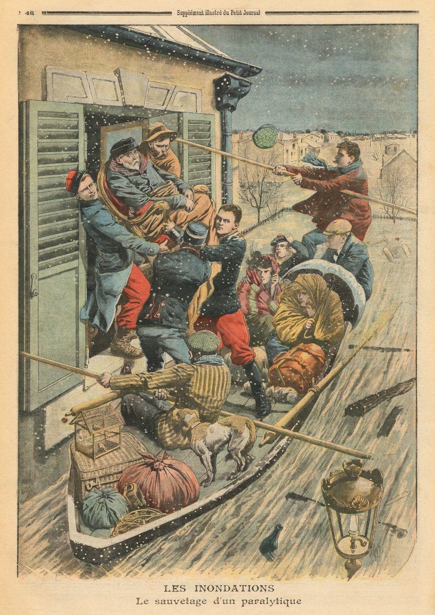 Powodzie, ratowanie paralityka, ilustracja z „Le Petit Journal”, dodatek illustre, 6 lutego 1910 autorstwa French School