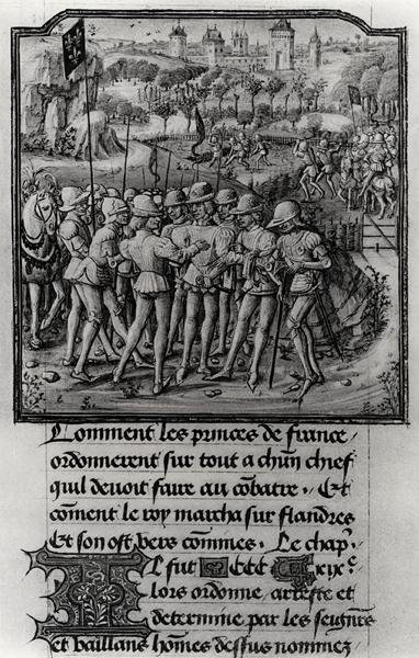 Fol.311 Rada Wojenna Filipa Śmiałego, księcia Burgundii, Jean de France, księcia Berry i Ludwika II, księcia Burbon w Senlis, z Kroniki Froissarts, c.1472 autorstwa French School
