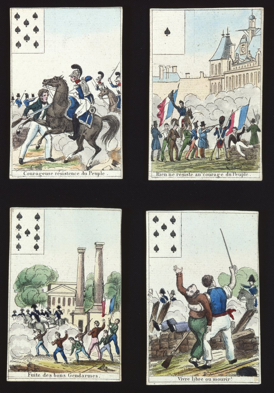 Cztery karty z paczki ilustrowane propagandowymi scenami Rewolucji 1830, Paryż, 1831 autorstwa French School