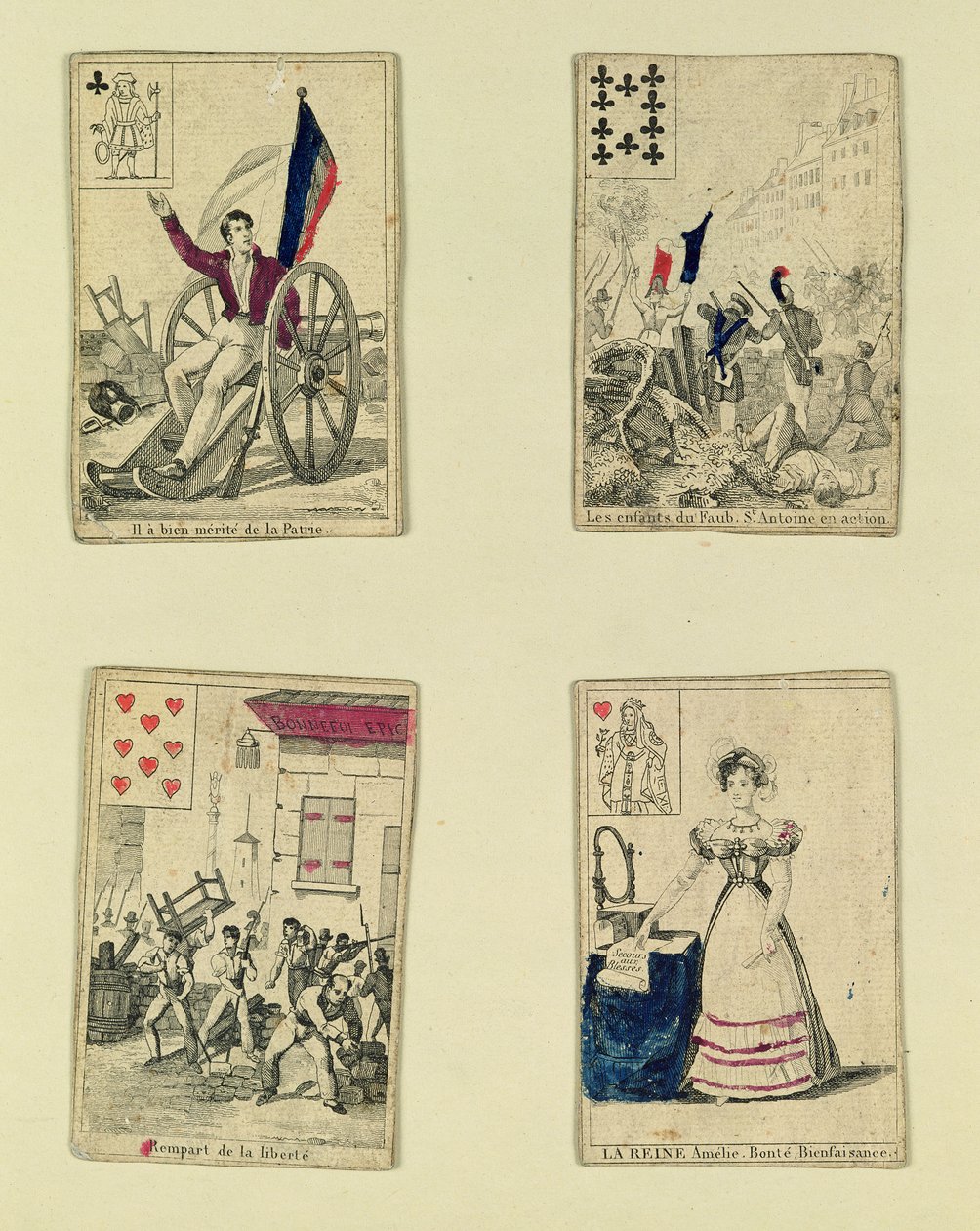 Cztery karty do gry upamiętniające bohaterów lipca 1830, 1831 roku autorstwa French School