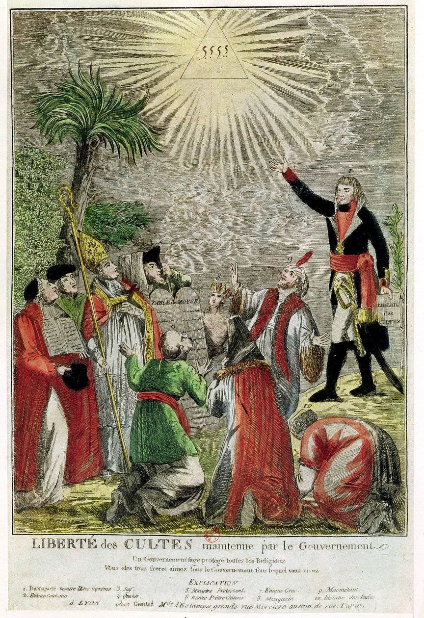 Wolność kultu w okresie konsulatu Napoleona, przedstawiający Napoleona wskazującego na Istotę Najwyższą, 1799 (kolorowe grawerowanie) autorstwa French School