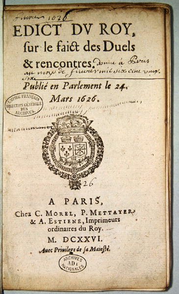 Frontyspis z Edict du Roy sur le Faict des Duels et Rencontres, marzec 1626 (druk) autorstwa French School