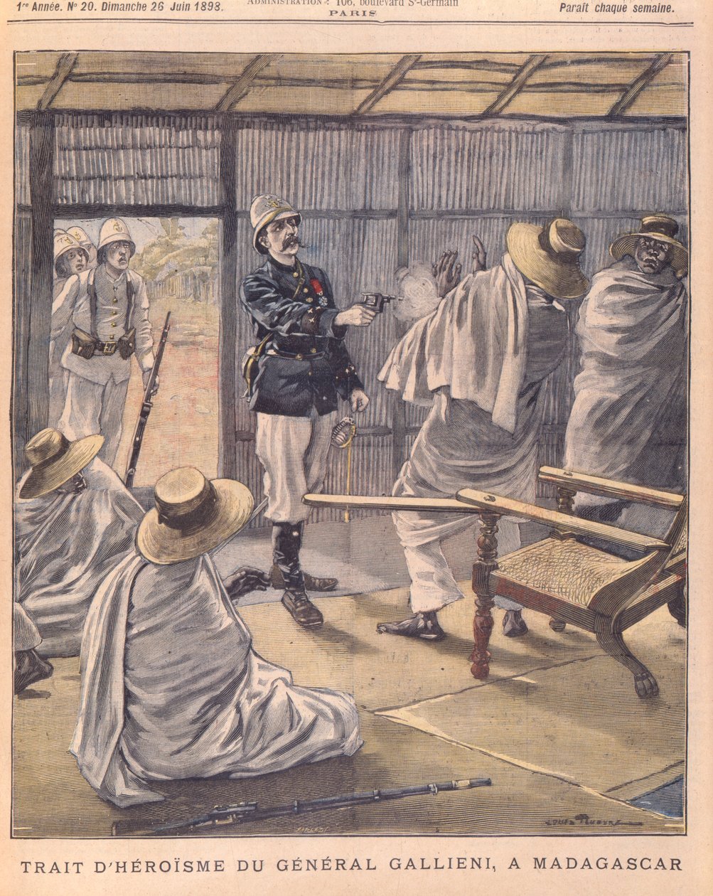 Bohaterski czyn generała Gallienisa na Madagaskarze, okładka Le Petit Journal, 26 czerwca 1898 r. autorstwa French School