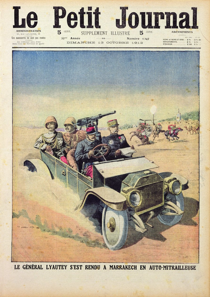 Generał Lyautey (1854-1934) jadący do Marrakeszu w samochodzie pancernym, z "Le Petit Journal", 13 października 1912 r. autorstwa French School