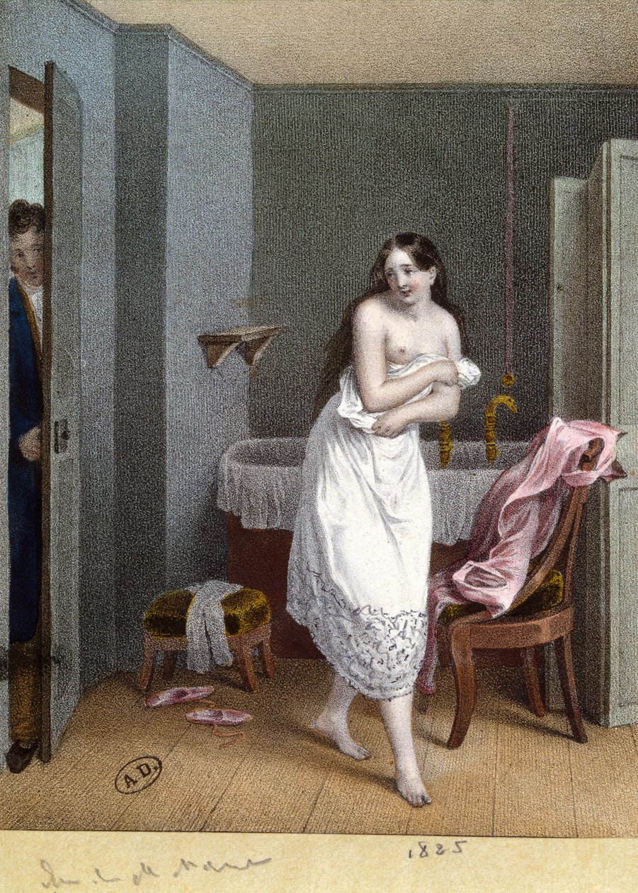 Dziewczyna w łazience i mężczyzna otwierający drzwi, 1825 autorstwa French School