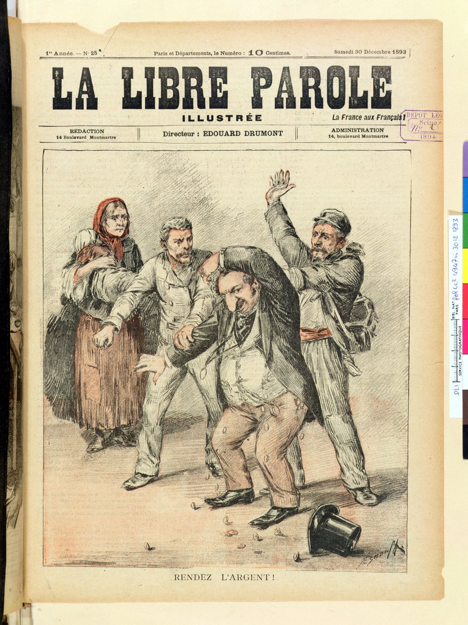 Give Back the Money!, przednia okładka magazynu La Libre Parole, 30 grudnia 1893 autorstwa French School
