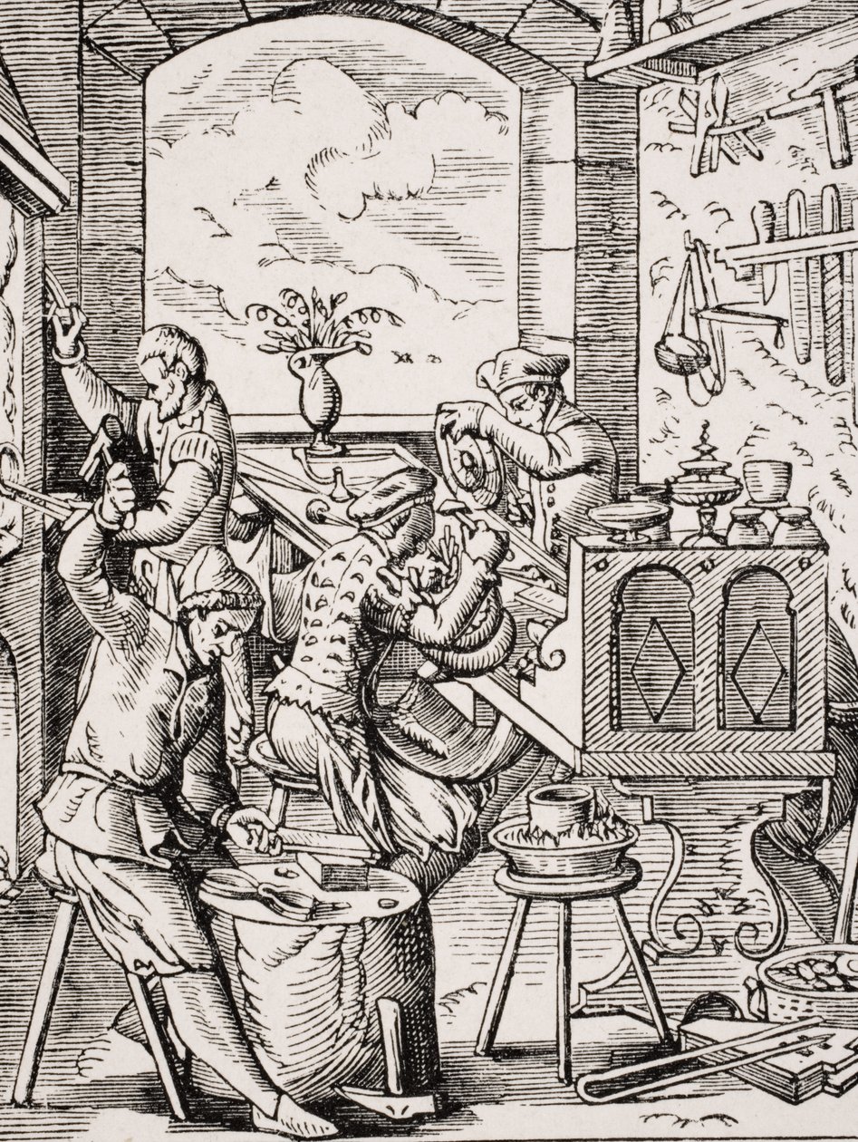 Złotnik, reprodukcja drzeworytu Josta Ammana (1539-91) z książki "Le Moyen Age et La Renaissance" Paula Lacroix (1806-84) wydanej w 1847 r. autorstwa French School