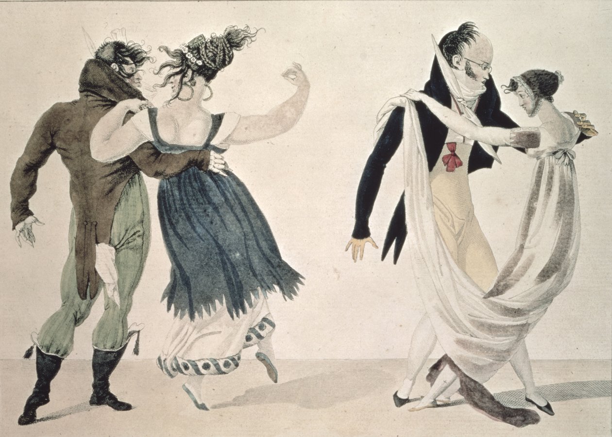 Dobra forma, nr 1: Walc, rysunek satyryczny, ok. 1820 autorstwa French School