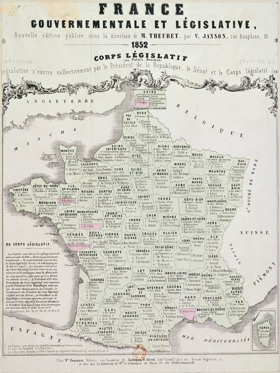 Rządowo-legislacyjna mapa Francji, wydrukowana przez Ledoyen und Giret, Paryż, 1852 autorstwa French School