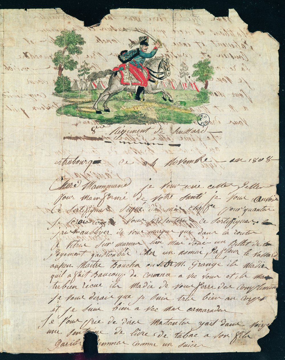 Ilustrowany list huzara z 8 Pułku do matki, 14 listopada 1808 (pióro i atrament i wc na papierze) autorstwa French School