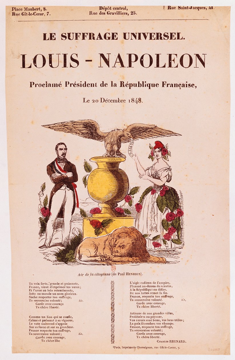 Ilustrowany arkusz tekstów do „Le Suffrage Universel, Louis-Napoleon proklamuje prezydenta de la Republique francaise”, 1848 (kolorowy drzeworyt) autorstwa French School