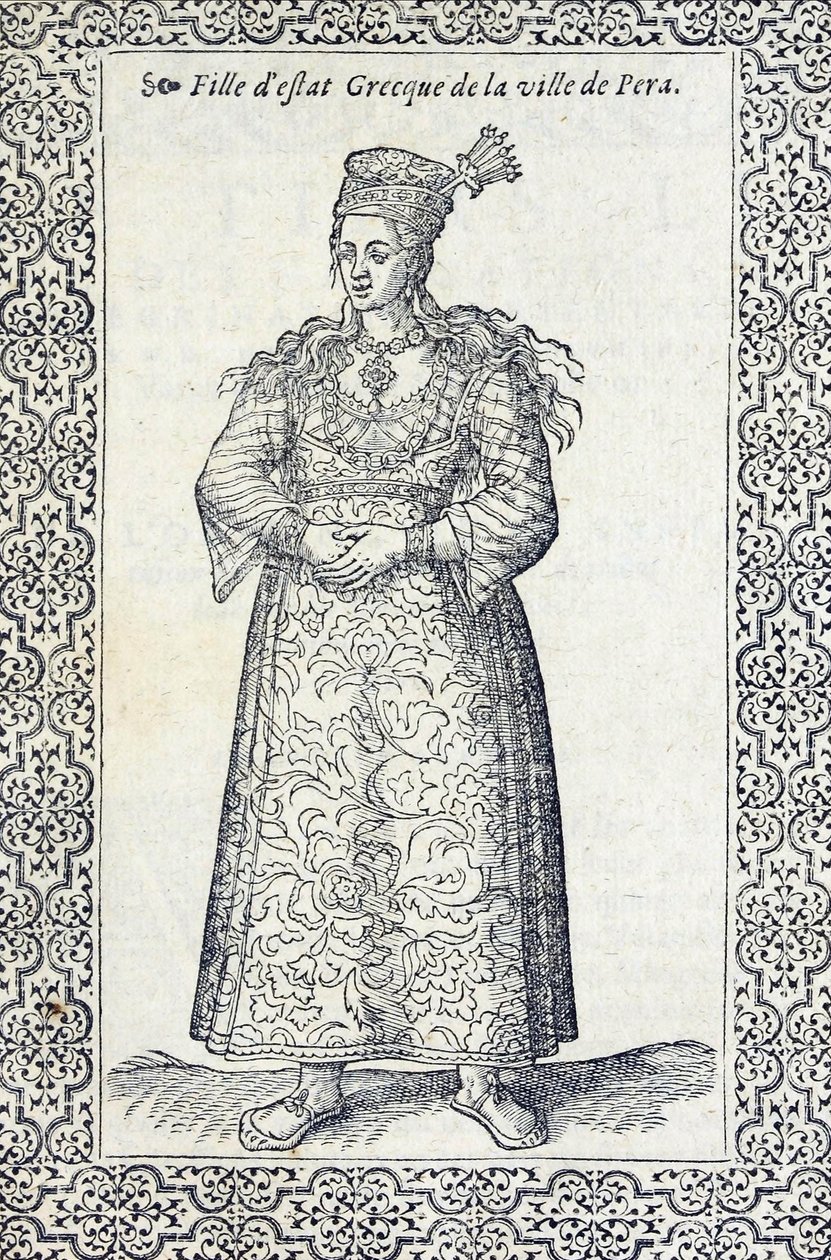 Ilustracja przedstawiająca Greczynkę z Pery, z Les navigations, peregrinations et voyages, faicts en la Turkey, autorstwa Nicolasa de Nicolay, przed 1576 r. autorstwa French School