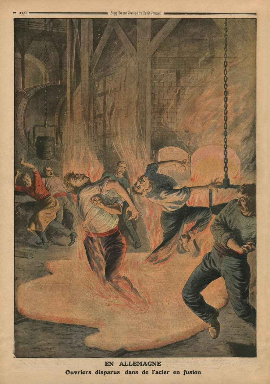 W Niemczech robotnicy toną w roztopionej stali, ilustracja z "Le Petit Journal", supplement illustre, 25 grudnia 1910 r. autorstwa French School