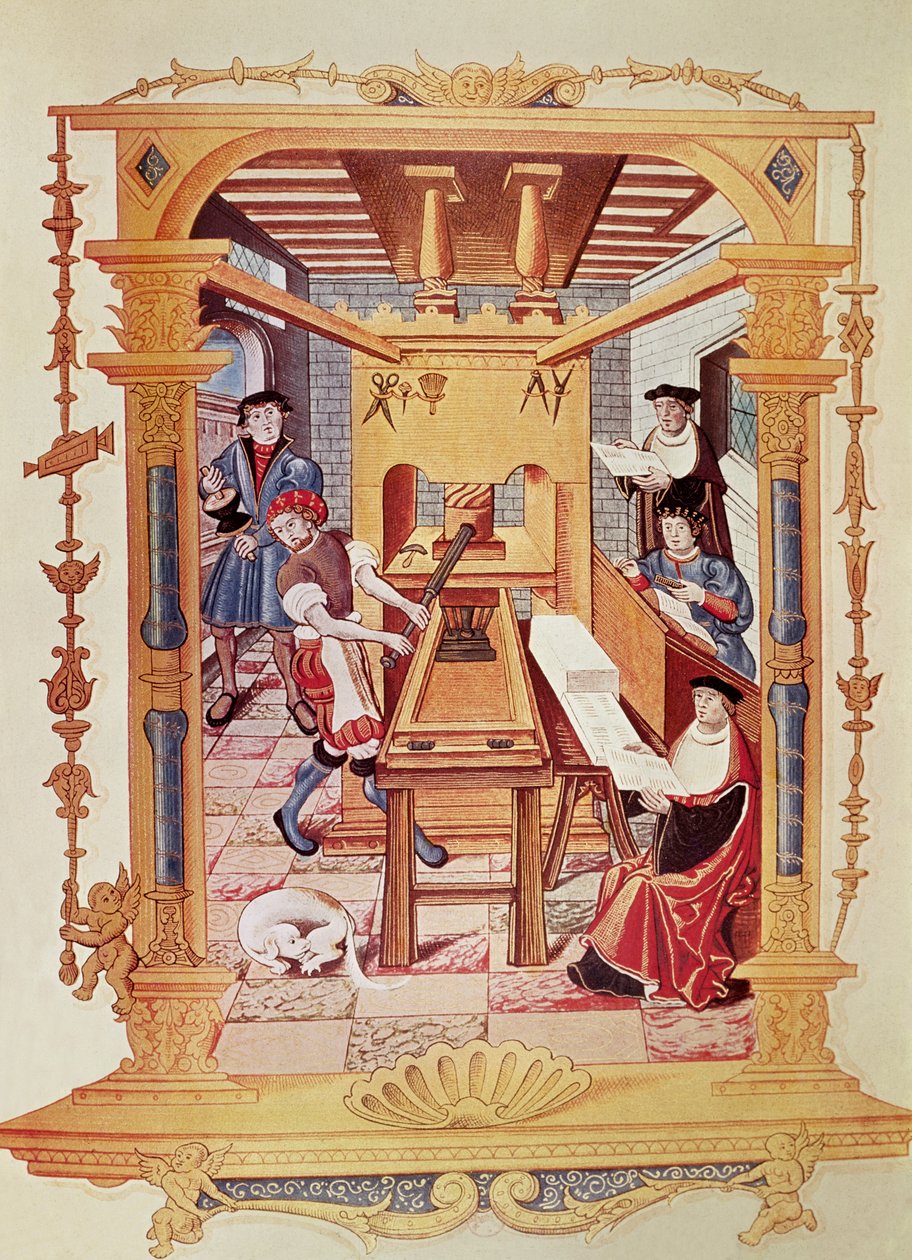Wnętrze drukarni z XVI wieku, kopia miniatury z „Chants royaux sur la Conception Couronnee du Puy de Rouen” autorstwa French School