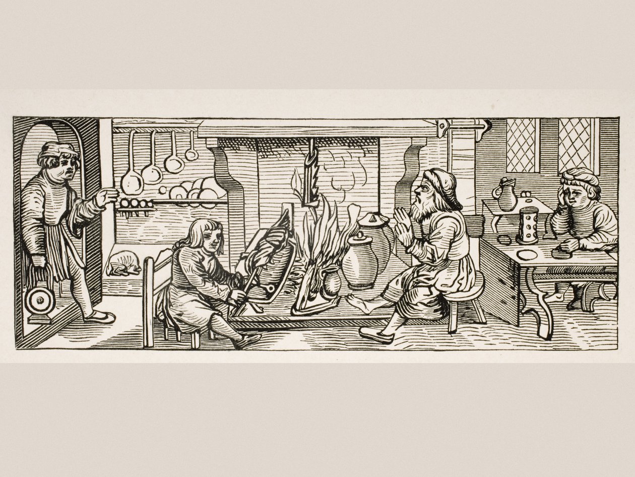 Wnętrze kuchni, według drzeworytu w Calendarium Romanum Jeana Staefflera, drukowane Tubingen, Niemcy, 1518, z Le Moyen Age et La Renaissance Paula Lacroix (1806-84) wydane 1847 autorstwa French School