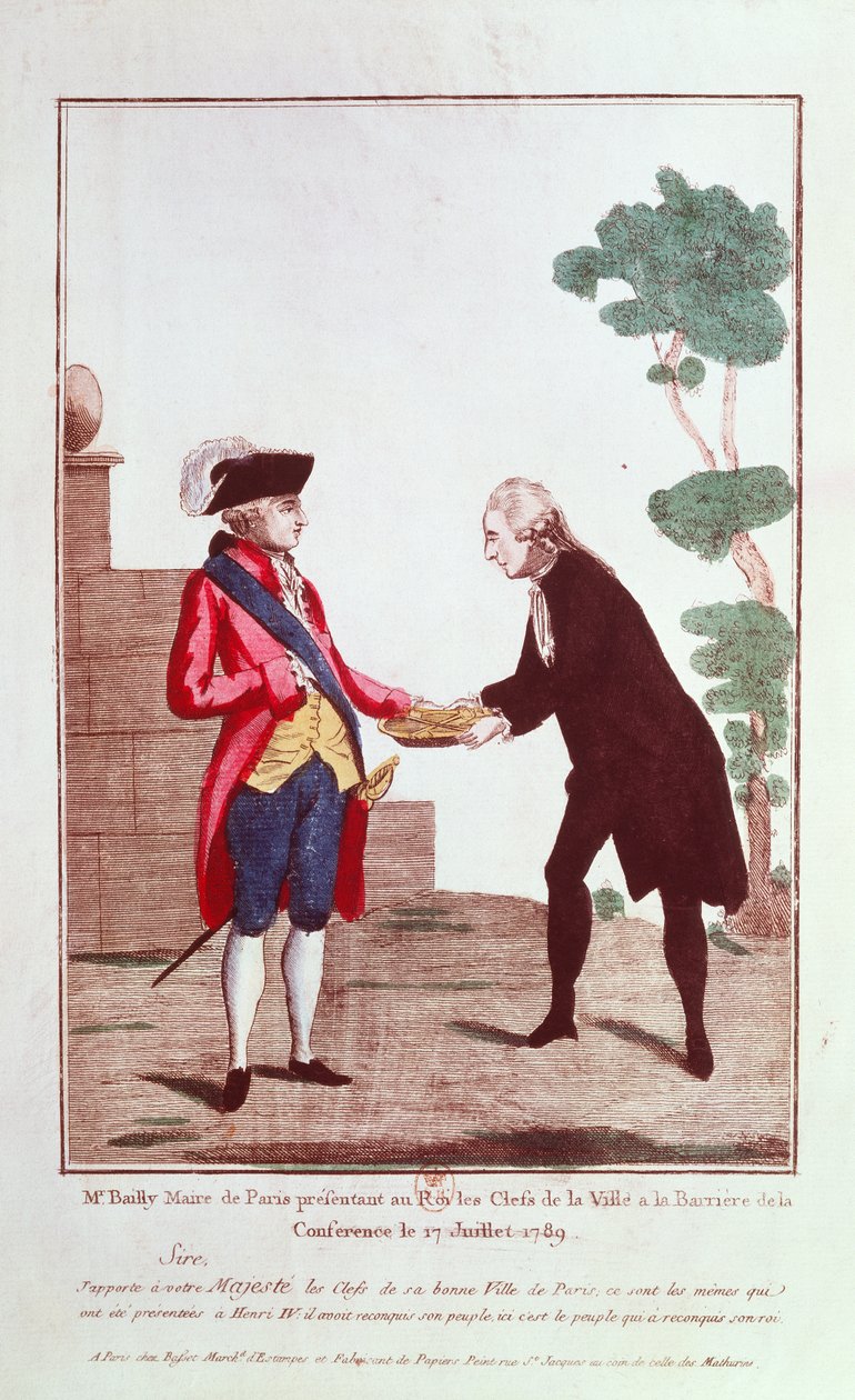 Jean Sylvain Bailly (1736-93) wręcza Ludwikowi XVI (1754-93) klucze do Paryża, 17 lipca 1789 autorstwa French School
