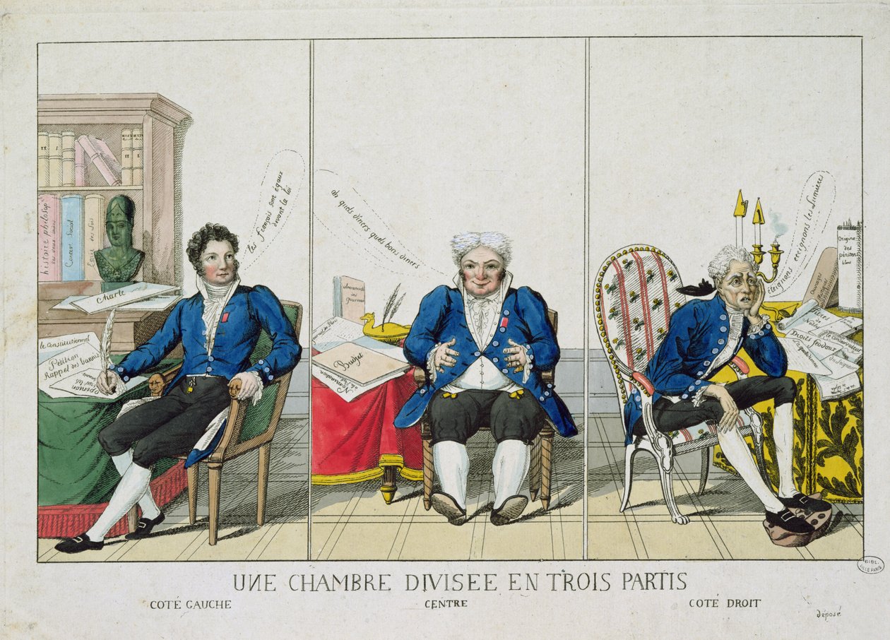 Dom podzielony na trzy partie, karykatura Zgromadzenia Narodowego, 1819 autorstwa French School