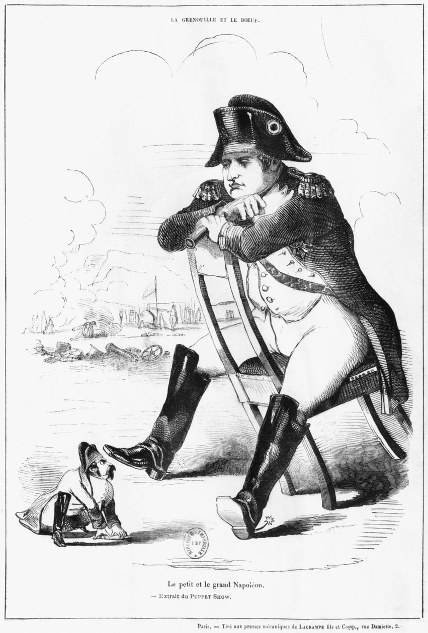 La Grenouille et le Boeuf : Mały i duży Napoleon I, karykatura z „The Puppet Show” autorstwa French School