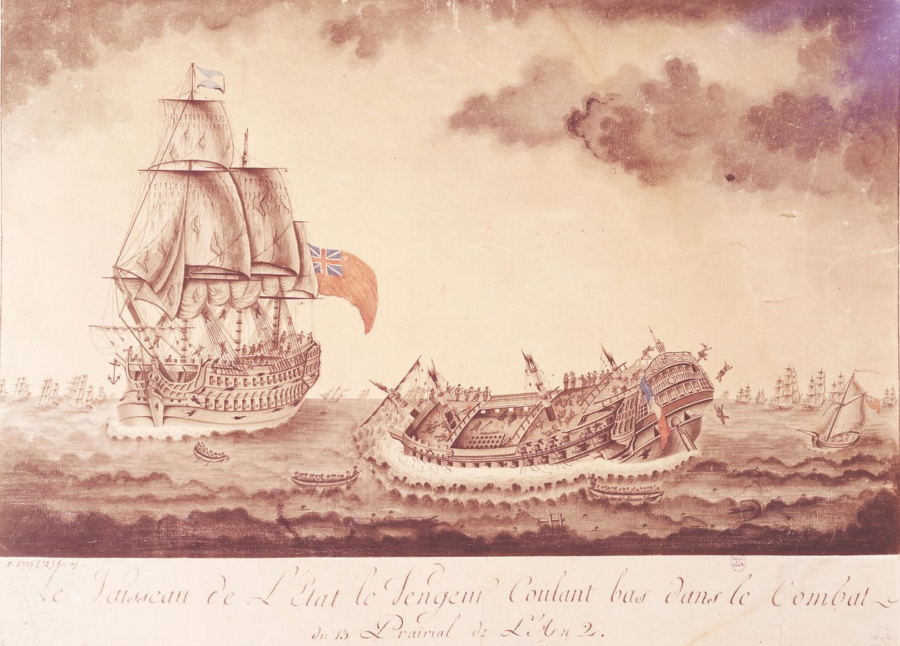 „Le Avengeur du Peuple” zatonął w bitwie pod Ouessant, 1 czerwca 1794 autorstwa French School