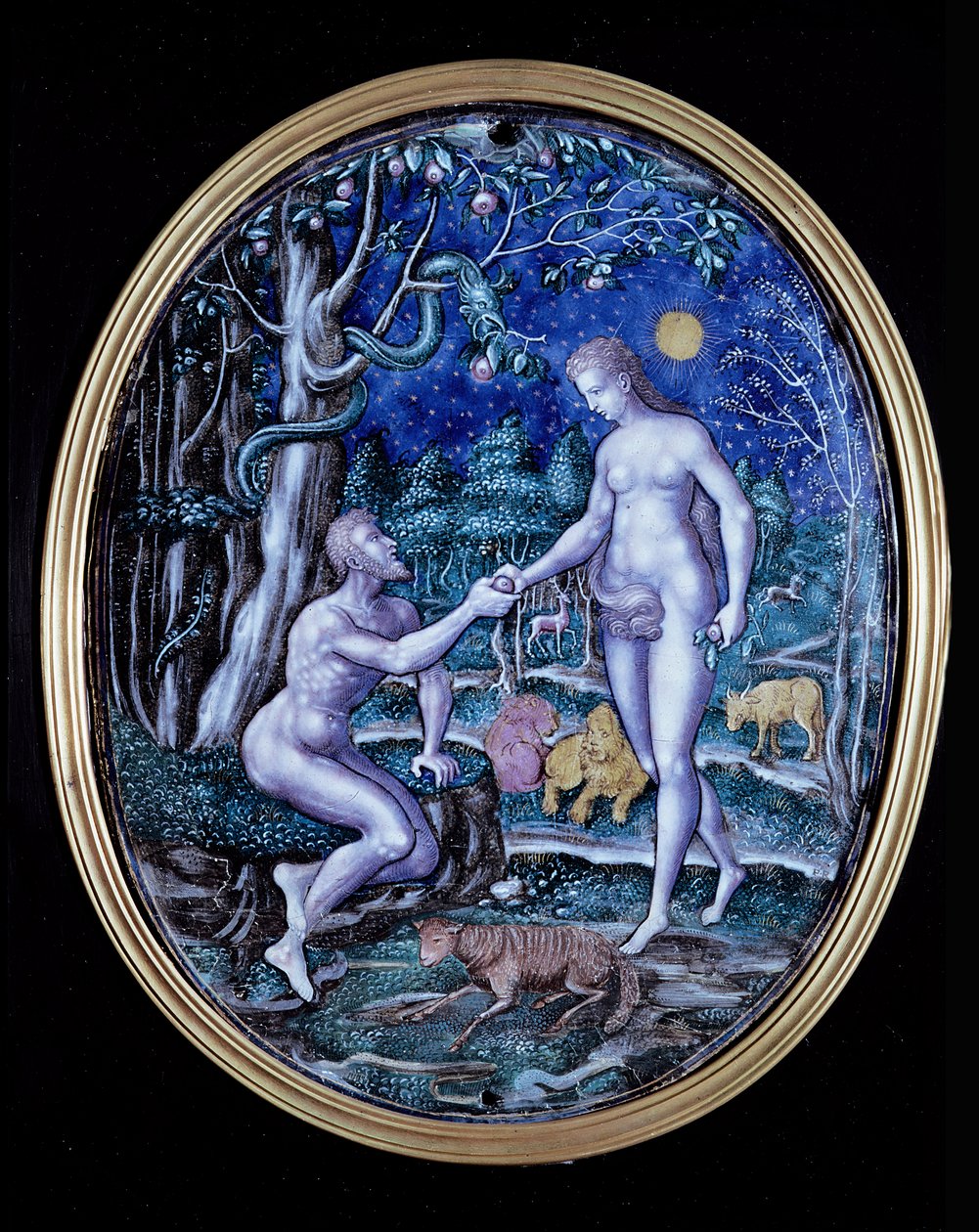 Tablica z Limoges przedstawiająca Adama i Ewę, ok. 1570 (emalia) autorstwa French School