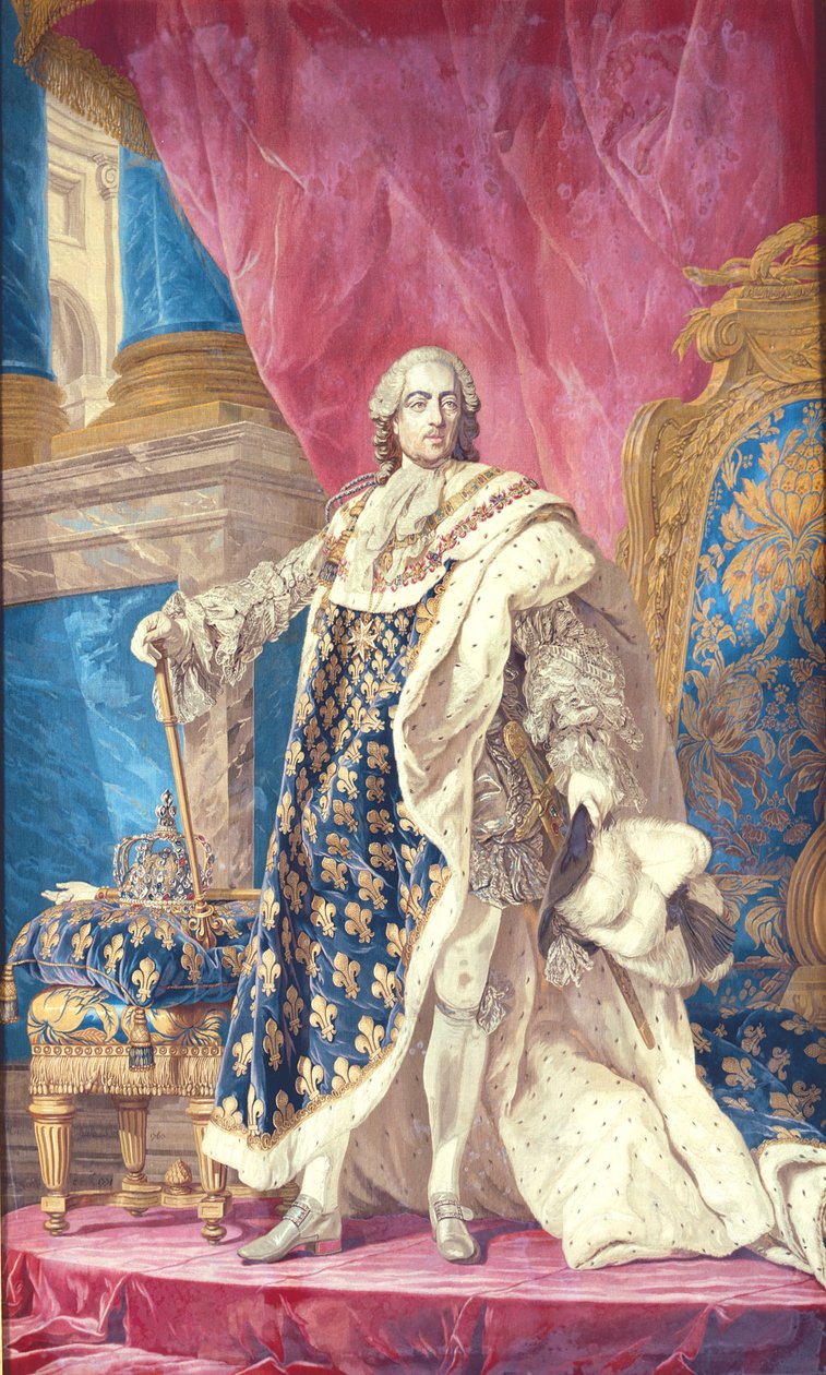 Ludwik XV (1710-74) w szatach koronacyjnych (gobelin) autorstwa French School