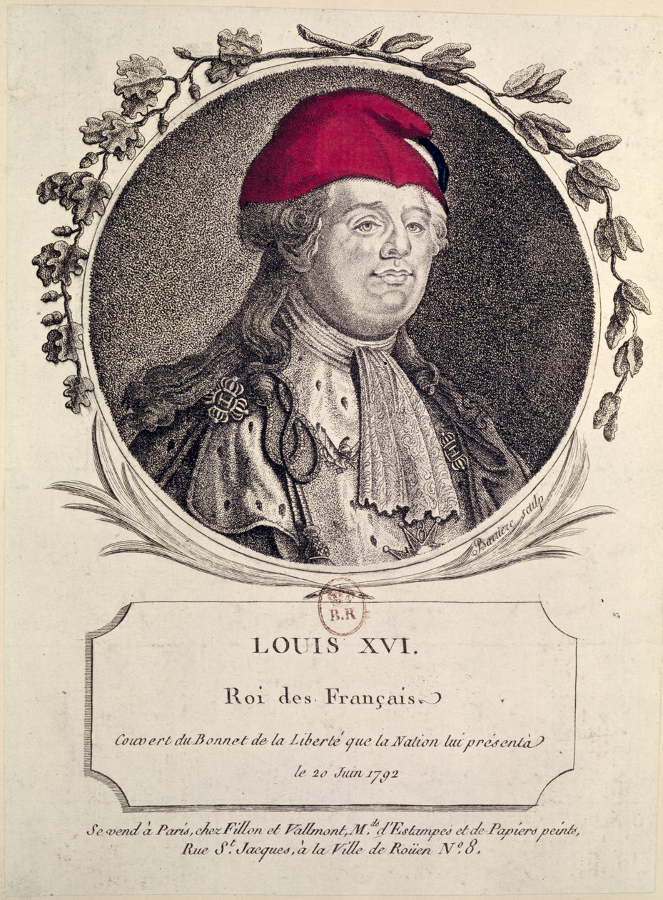 Ludwik XVI (1754-93) w masce frygijskiej podarowanej mu przez naród, 20 czerwca 1792 r. autorstwa French School